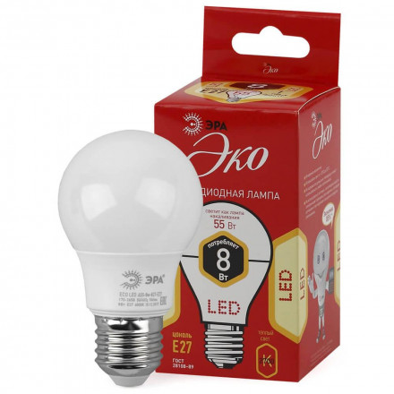 Лампа светодиодная ЭРА E27 8W 2700K матовая ECO LED A55-8W-827-E27 Б0032095