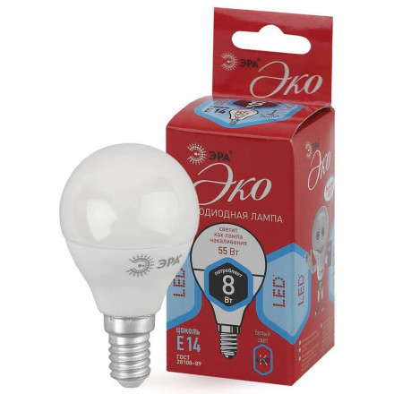 Лампа светодиодная ЭРА E14 8W 4000K матовая ECO LED P45-8W-840-E14 Б0030023